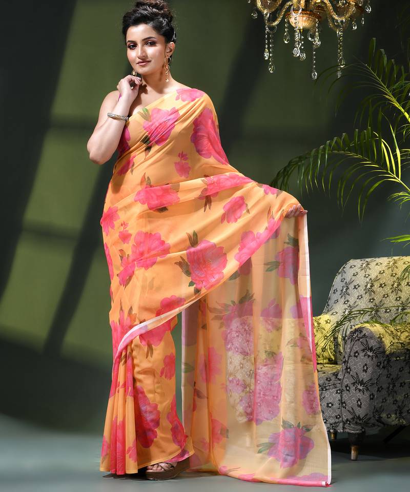 Printed chiffon georgette fancy saree for women latest bandhani party wear saree for women
