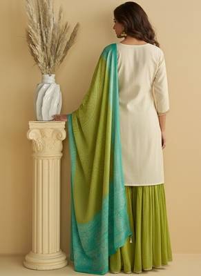 Women's off white chinon silk zari embroidered sequins sharara suit 2