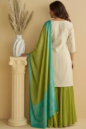 Women's off white chinon silk zari embroidered sequins sharara suit