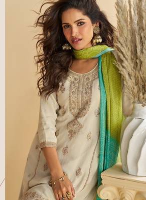 Women's off white chinon silk zari embroidered sequins sharara suit 3
