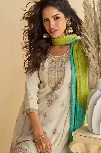 Women's off white chinon silk zari embroidered sequins sharara suit