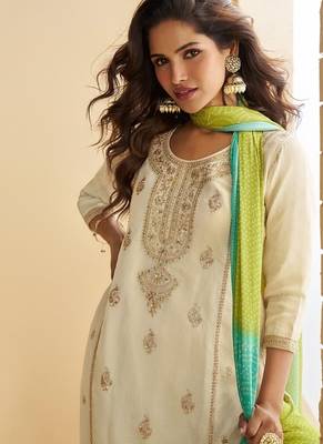 Women's off white chinon silk zari embroidered sequins sharara suit 4