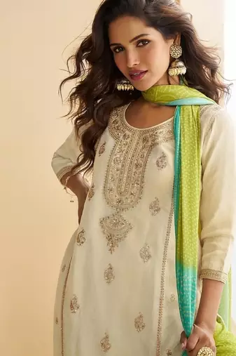 Women's off white chinon silk zari embroidered sequins sharara suit