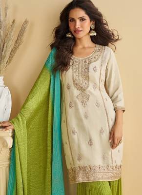 Women's off white chinon silk zari embroidered sequins sharara suit 5