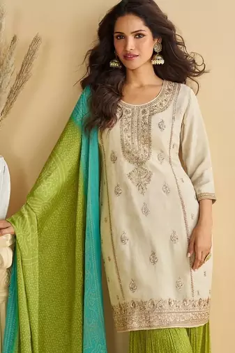 Women's off white chinon silk zari embroidered sequins sharara suit