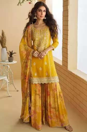 Women's yellow chinon silk zari embroidered sequins sharara suit