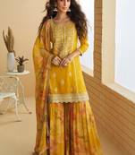 Women's yellow chinon silk zari embroidered sequins sharara suit
