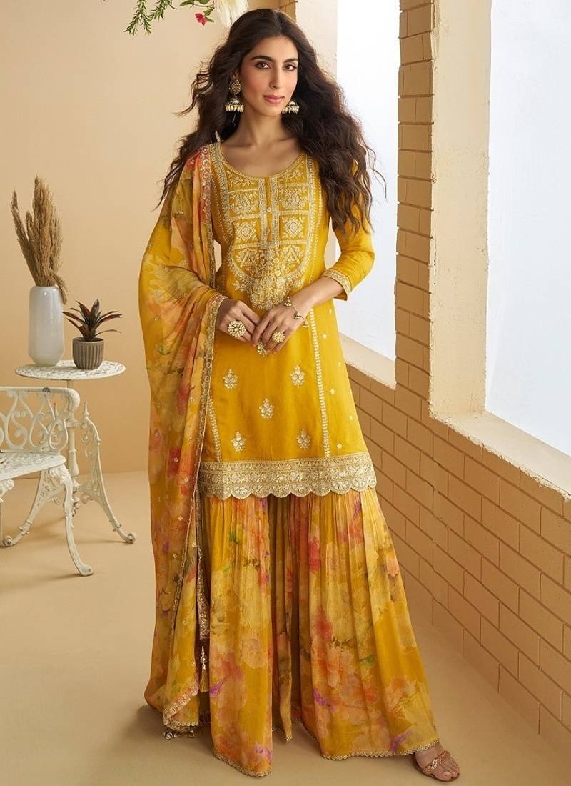 Women's yellow chinon silk zari embroidered sequins sharara suit
