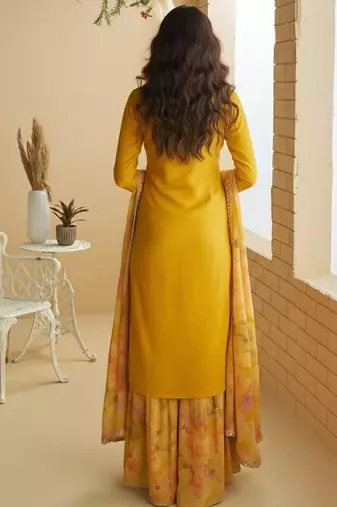 yellow chinon silk zari embroidered sharara set