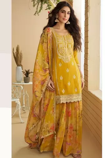 yellow chinon silk zari embroidered sharara set