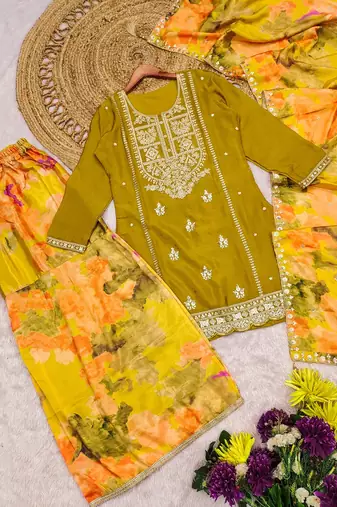 yellow chinon silk zari embroidered sharara set