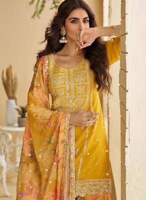 yellow chinon silk zari embroidered sharara set 5