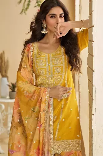 yellow chinon silk zari embroidered sharara set
