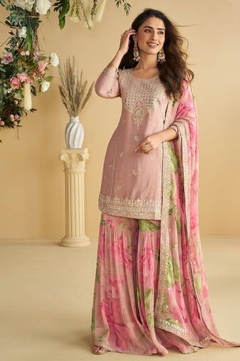 Women's pink chinon silk zari embroidered sequins sharara suit