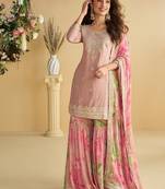 Women's pink chinon silk zari embroidered sequins sharara suit