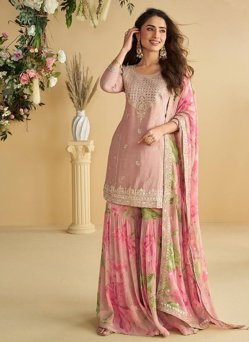Women's pink chinon silk zari embroidered sequins sharara suit