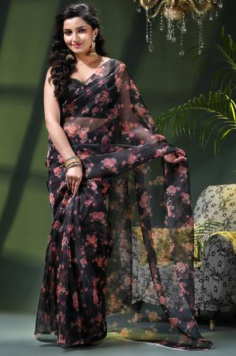 Women's printed organza sari trending rose leaf design fancy wedding saree for women