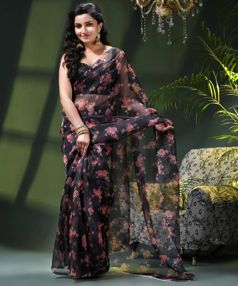 Women's printed organza sari trending rose leaf design fancy wedding saree for women
