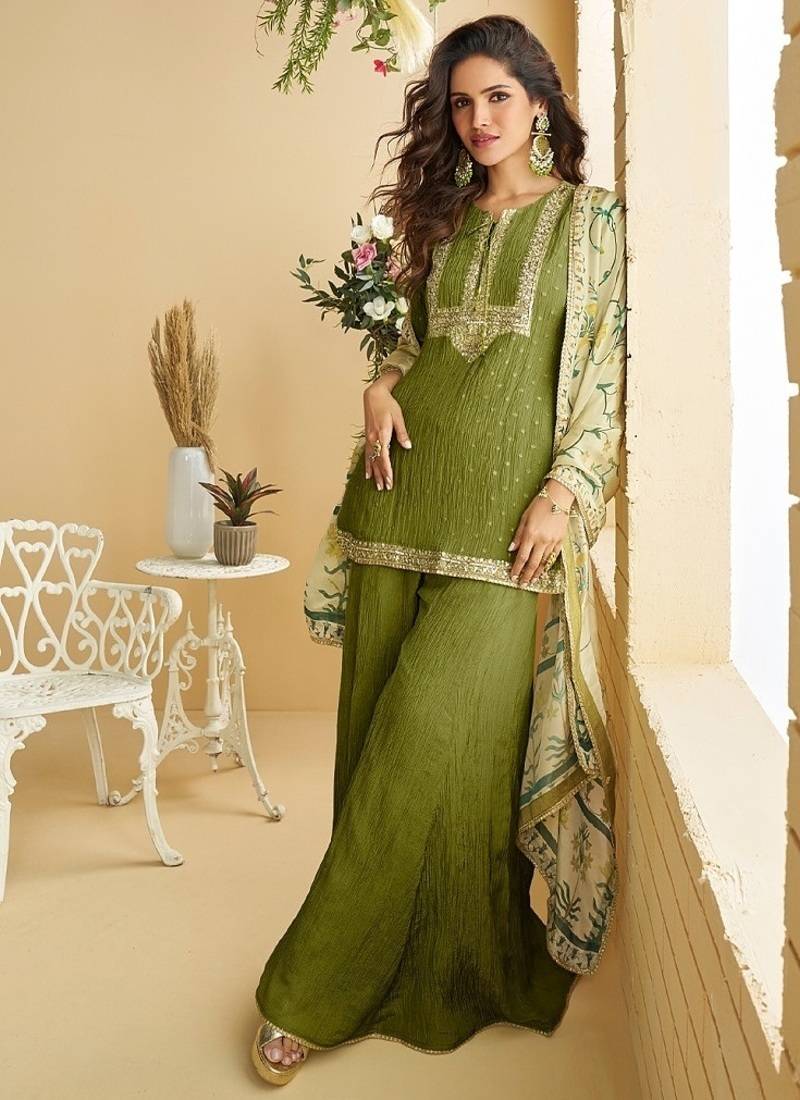 Women's mehendi chinon silk zari embroidered sequins sharara suit