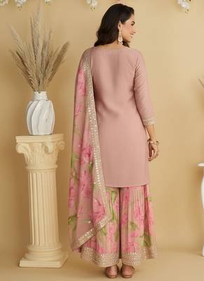 Women's pink chinon silk zari embroidered sequins sharara suit 2