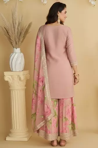 Women's pink chinon silk zari embroidered sequins sharara suit