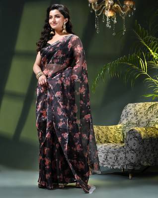 Women's printed organza sari trending rose leaf design fancy wedding saree for women 2