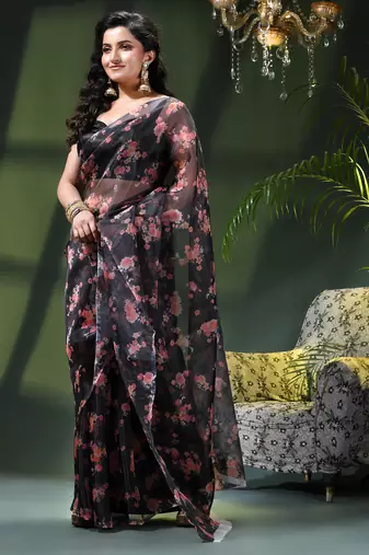 Women's printed organza sari trending rose leaf design fancy wedding saree for women