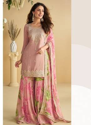 Women's pink chinon silk zari embroidered sequins sharara suit 3