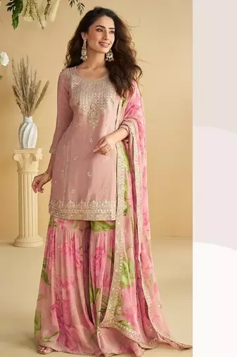 Women's pink chinon silk zari embroidered sequins sharara suit