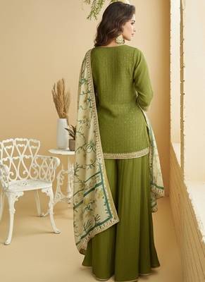 Women's mehendi chinon silk zari embroidered sequins sharara suit 2