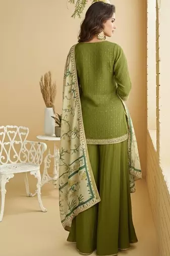 Women's mehendi chinon silk zari embroidered sequins sharara suit