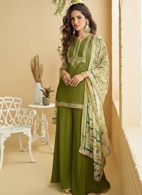 Women's mehendi chinon silk zari embroidered sequins sharara suit 3