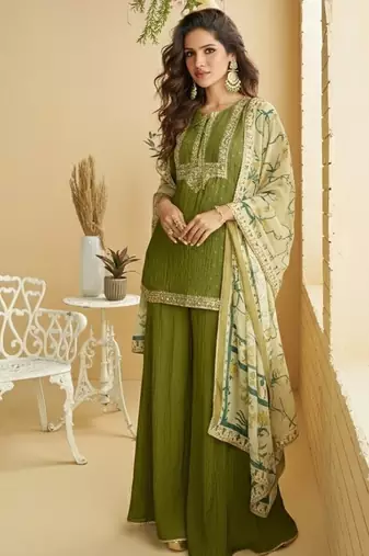 Women's mehendi chinon silk zari embroidered sequins sharara suit