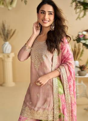 Women's pink chinon silk zari embroidered sequins sharara suit 4