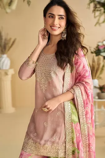 Women's pink chinon silk zari embroidered sequins sharara suit