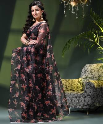 Women's printed organza sari trending rose leaf design fancy wedding saree for women 3