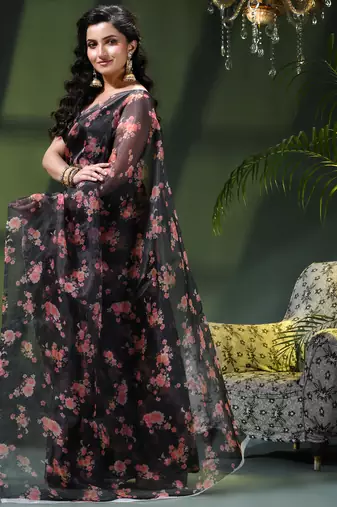 Women's printed organza sari trending rose leaf design fancy wedding saree for women
