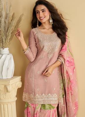 Women's pink chinon silk zari embroidered sequins sharara suit 5