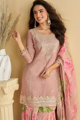 Women's pink chinon silk zari embroidered sequins sharara suit