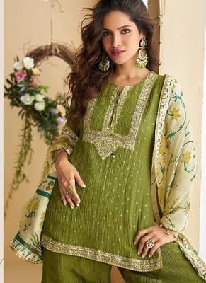 Women's mehendi chinon silk zari embroidered sequins sharara suit 4