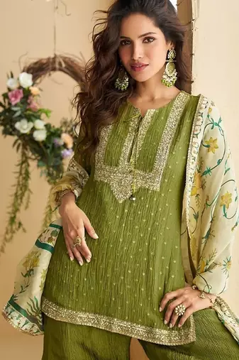 Women's mehendi chinon silk zari embroidered sequins sharara suit