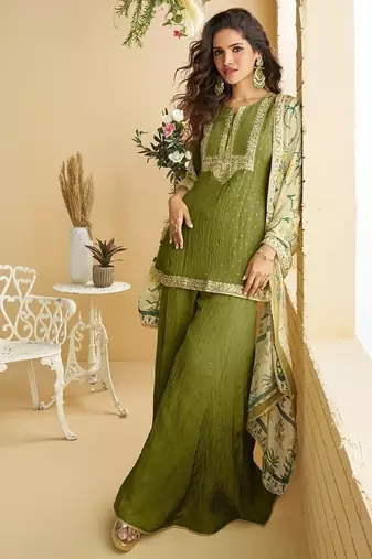 Women's mehendi chinon silk zari embroidered sequins sharara suit