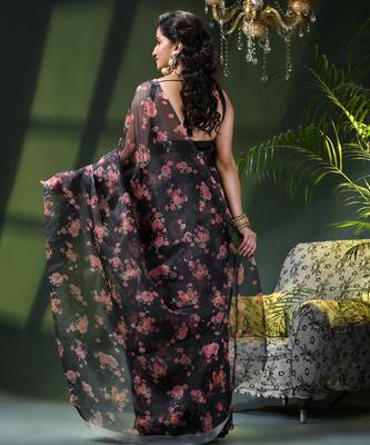 Women's printed organza sari trending rose leaf design fancy wedding saree for women 4