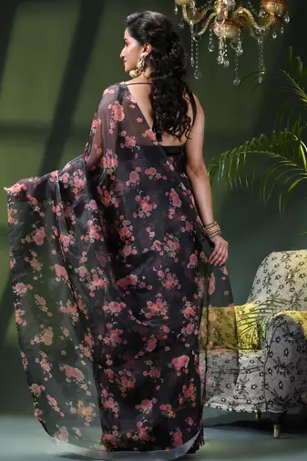 Women's printed organza sari trending rose leaf design fancy wedding saree for women