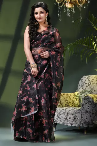 Women's printed organza sari trending rose leaf design fancy wedding saree for women
