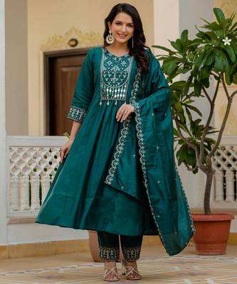 Teal Color Embroidery Thread With Real Mirror Hand Work Viscose Roman Silk Kurta Pent Set. 1
