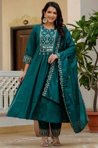 Teal Color Embroidery Thread With Real Mirror Hand Work Viscose Roman Silk Kurta pant Set.