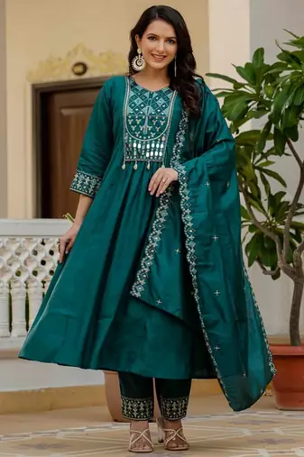 Teal Color Embroidery Thread With Real Mirror Hand Work Viscose Roman Silk Kurta pant Set.