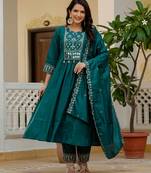 Teal Color Embroidery Thread With Real Mirror Hand Work Viscose Roman Silk Kurta pant Set.