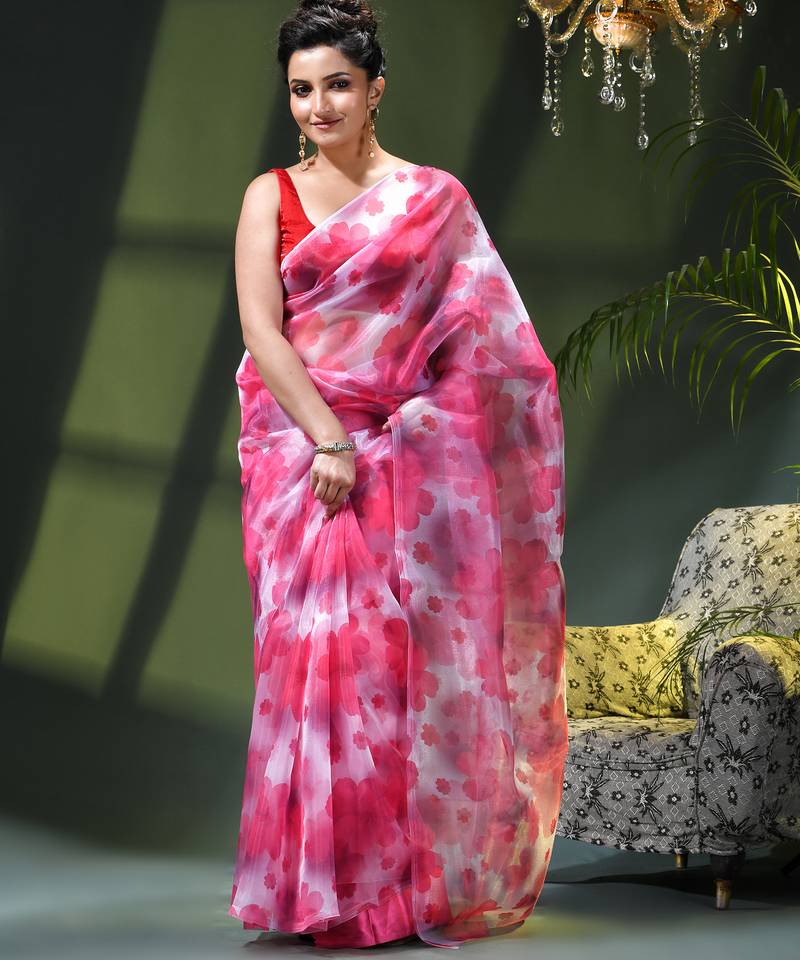 Women's printed organza sari trending rose leaf design fancy wedding saree for women